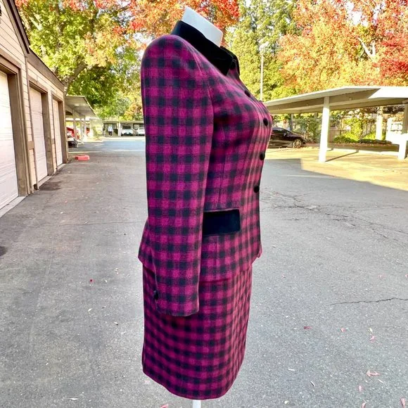 Vintage Jones New York Velvet Trim Plaid Lined Wool Skirt Suit Size 14 - Picture 5 of 13